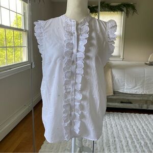 Boden Sleeveless Embroidered Shirt White Ruffle Button Down Cotton US 8 NWT